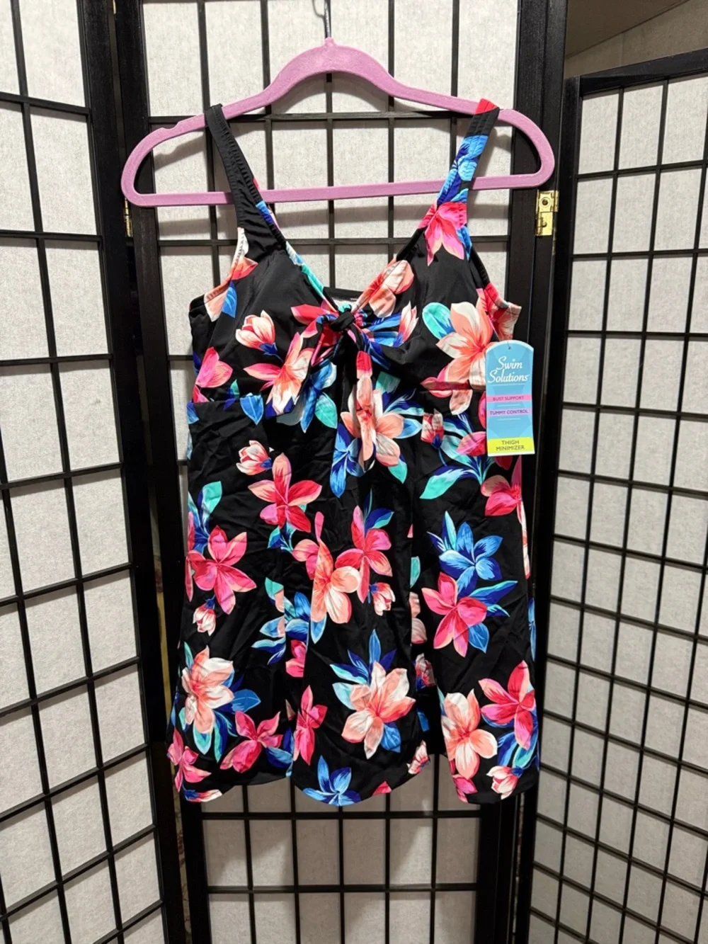 Swim Solutions Black Floral Swimdress with Coral Pink & Blue Blooms Size 16W - Picture 1 of 5